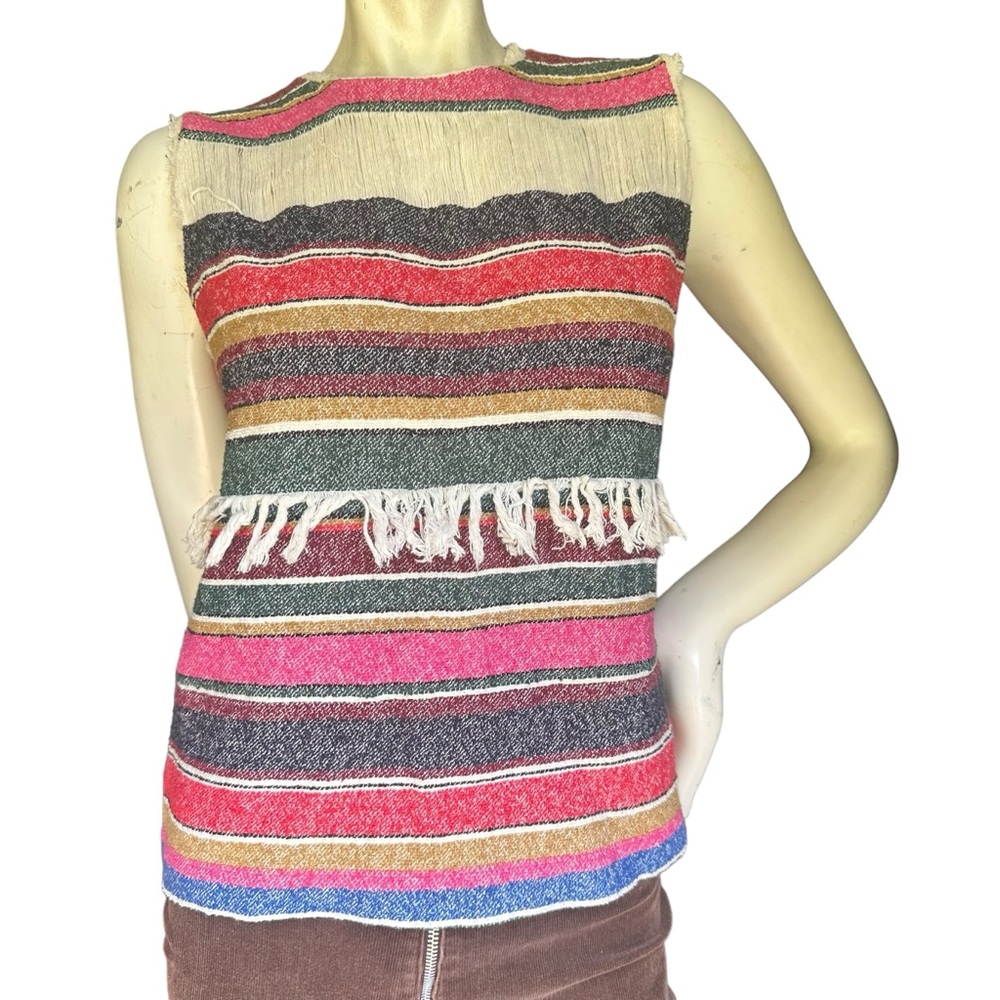Sandro Paris Multicolor Woven Tapestry Fringe Boho Sleeveless Top Size 1/Small